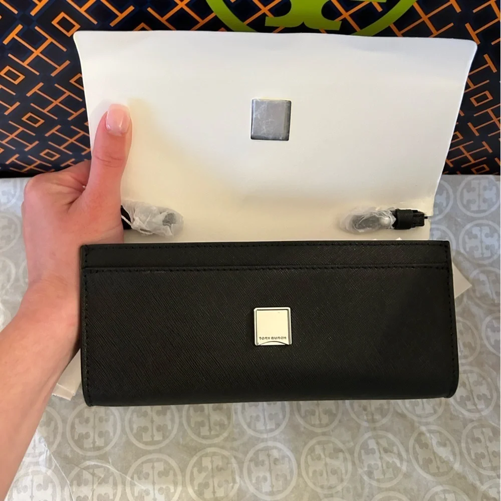 Tory Burch Emerson Wallet on a Chain Crossbody Bag Black Silver